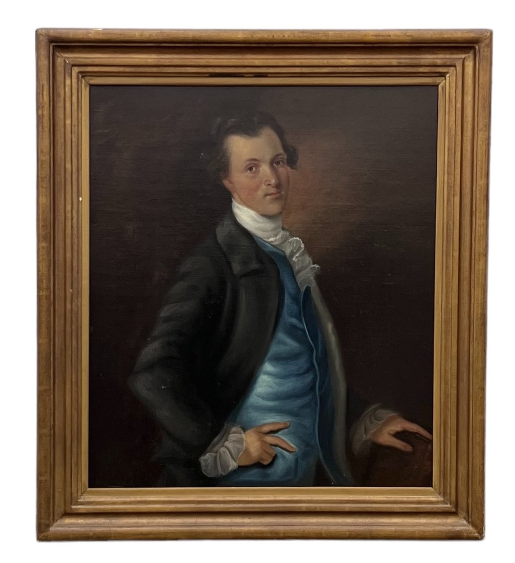 Antique American Portrait Of A Gentleman: Oil on canvas 29 x 25 in, 34 x 30 in (framed)