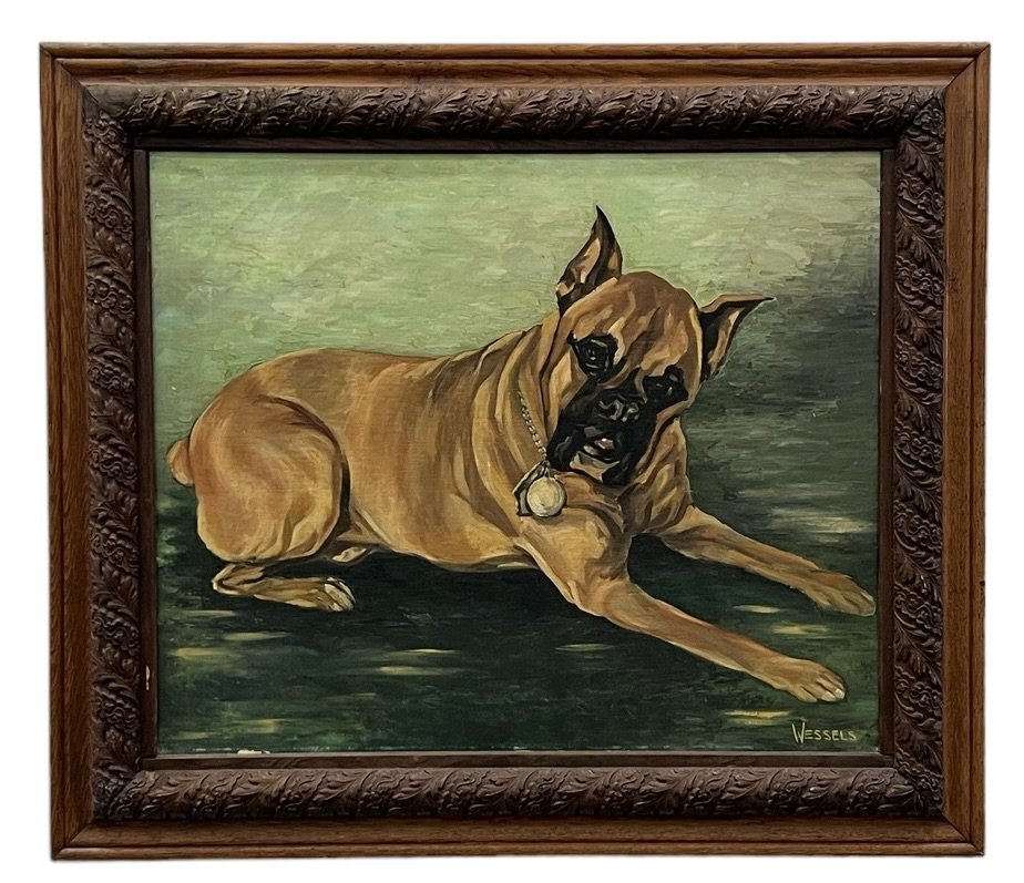 Vintage Boxer, Dog Painting: Oil on board 27 x 23 in, 30 x 26 in (framed)