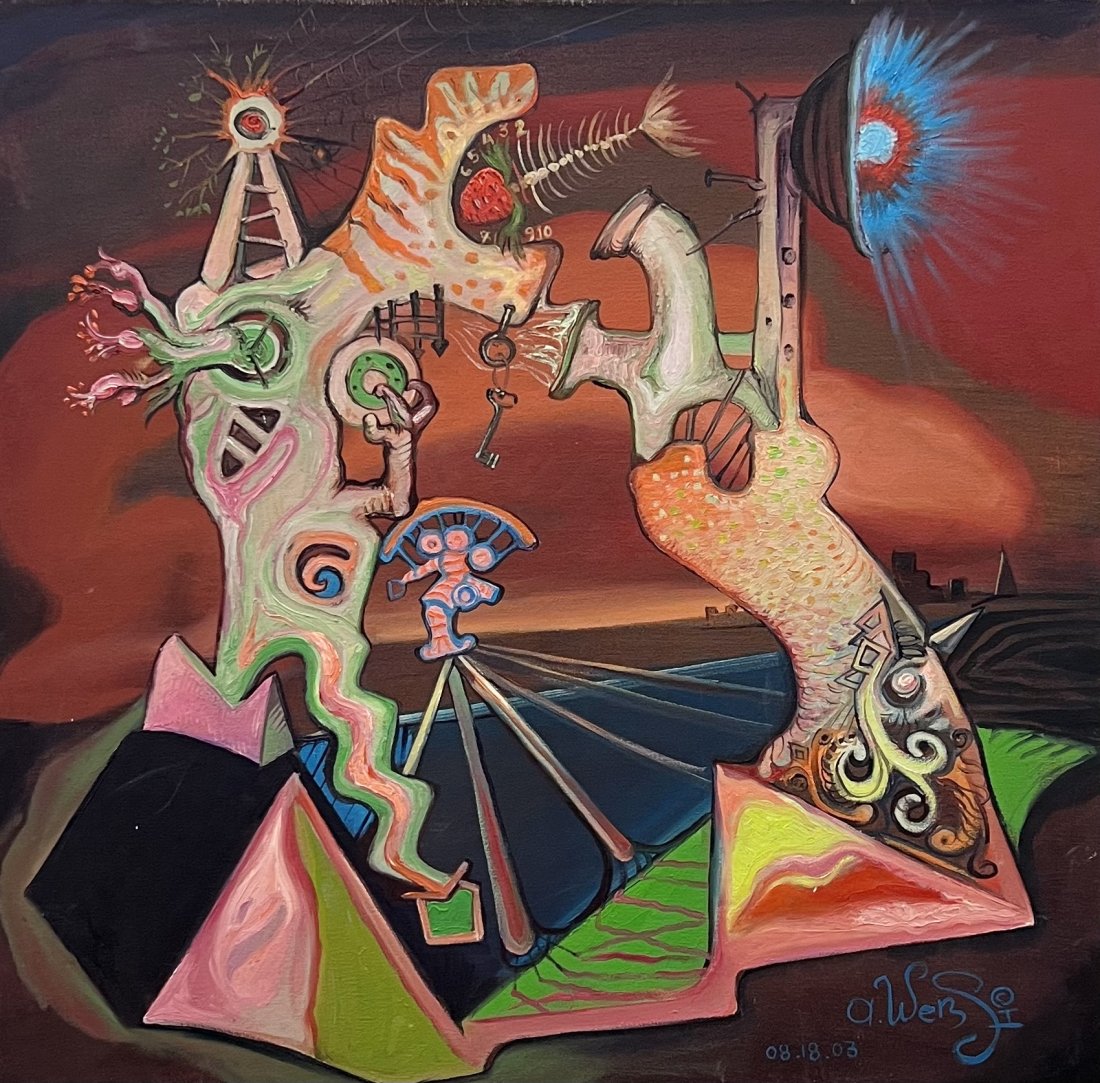 ANRIKO WENSI (20th c, Florida) Surrealist Abstract: Oil on canvas 30 x 30 in