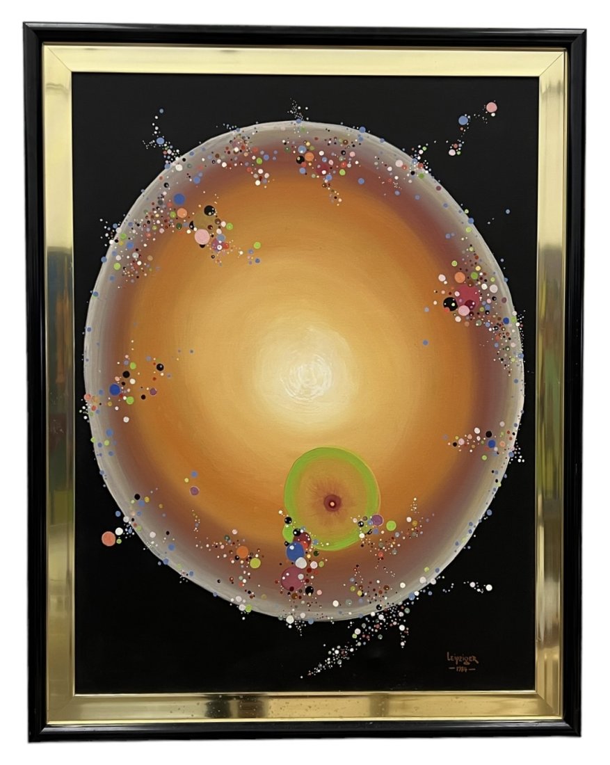 Large German Futurist Abstract Painting Signed & Dated 1984: Oil on canvas 40 x 30 in, 45.5 x 35.5 in (framed)
