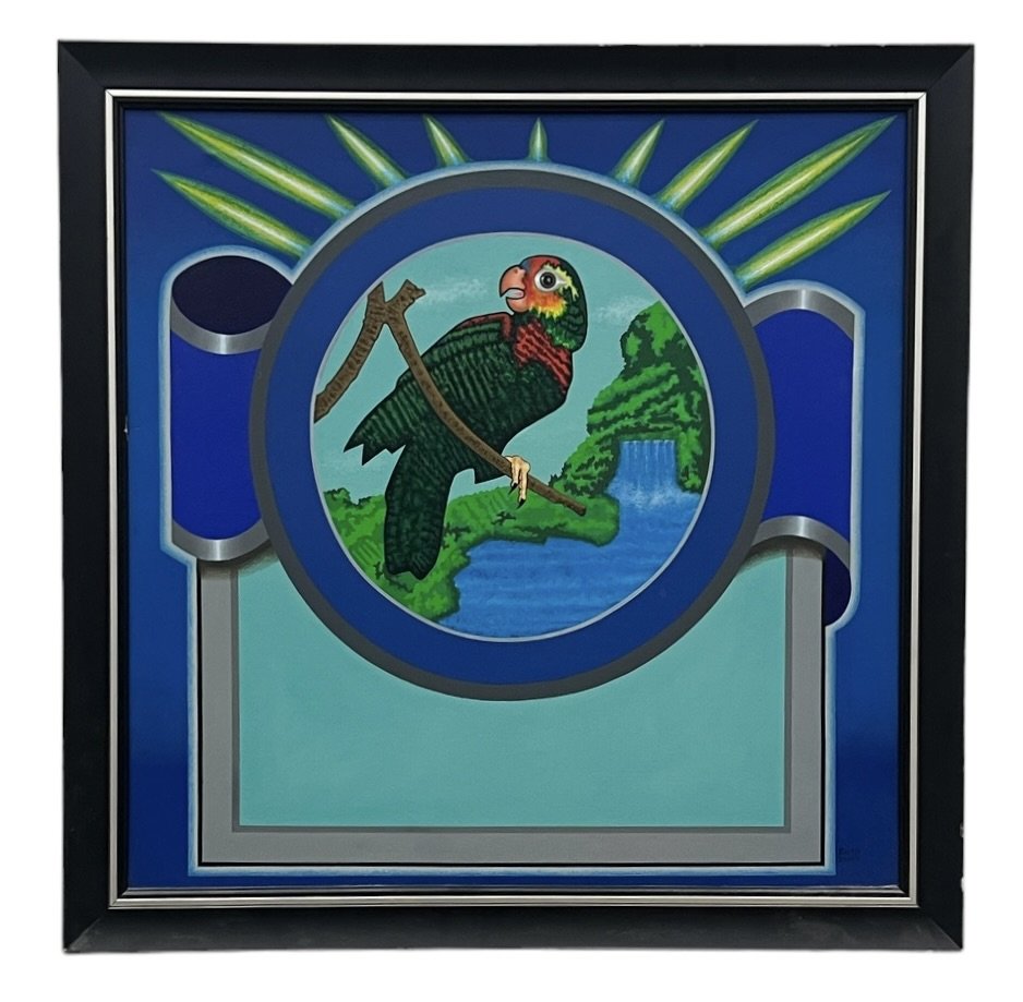 Vintage Parrot Painting Signed Boro: Oil on canvas 30 x 30 in, 33.5 x 33.5 in (framed)