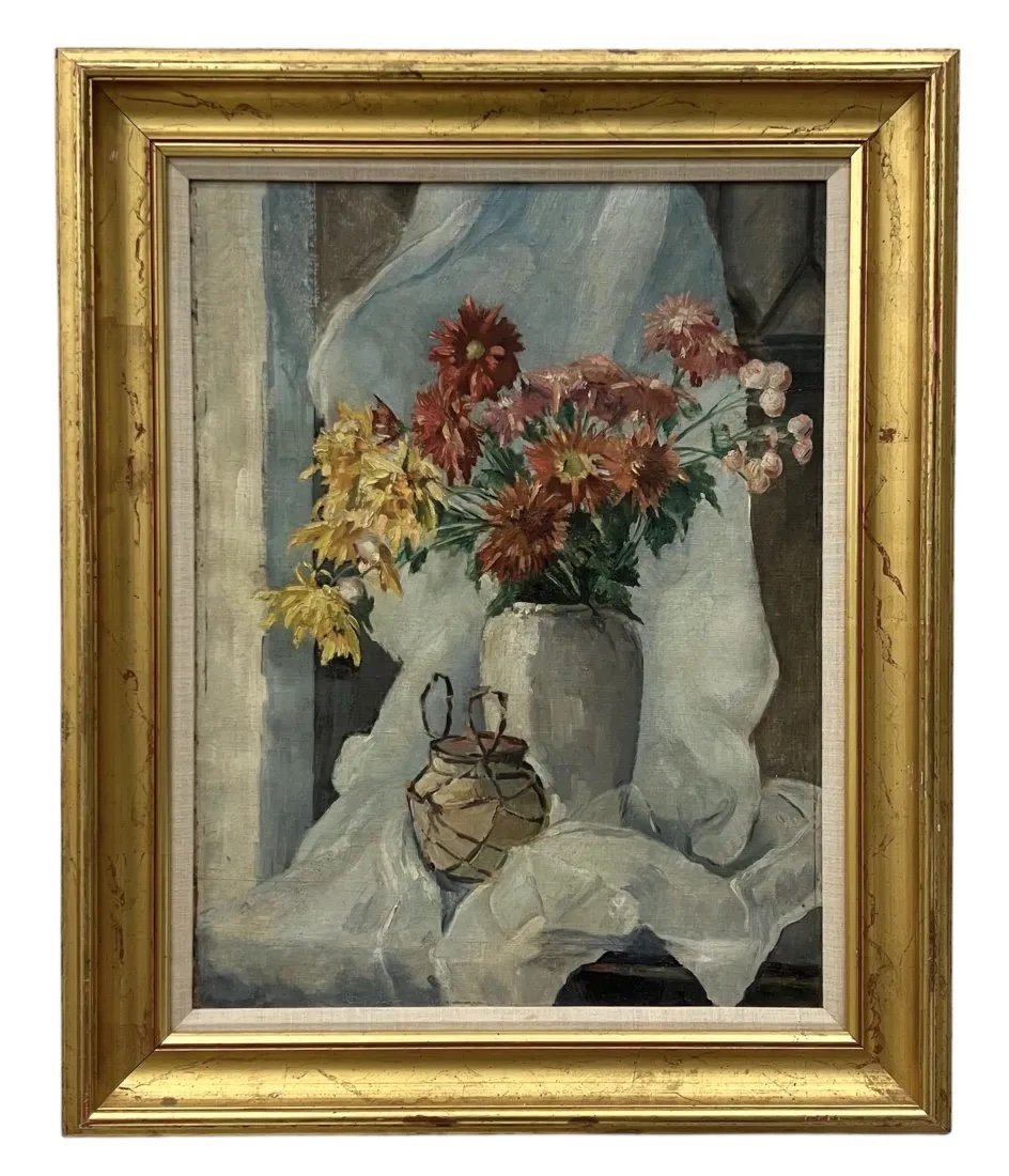 "Chinese Ginger w/ Chrysanthemums" Impressionist Still Life: Still life. Oil on canvas 26 x 20 in, 34 x 28 in