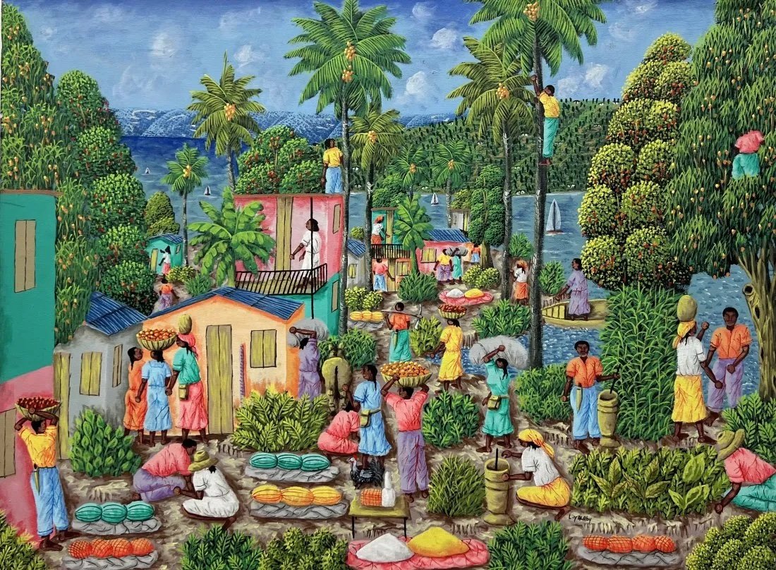 Vintage Haitian Colorful Village Scene, Signed: Oil on canvas 40 x 30 in