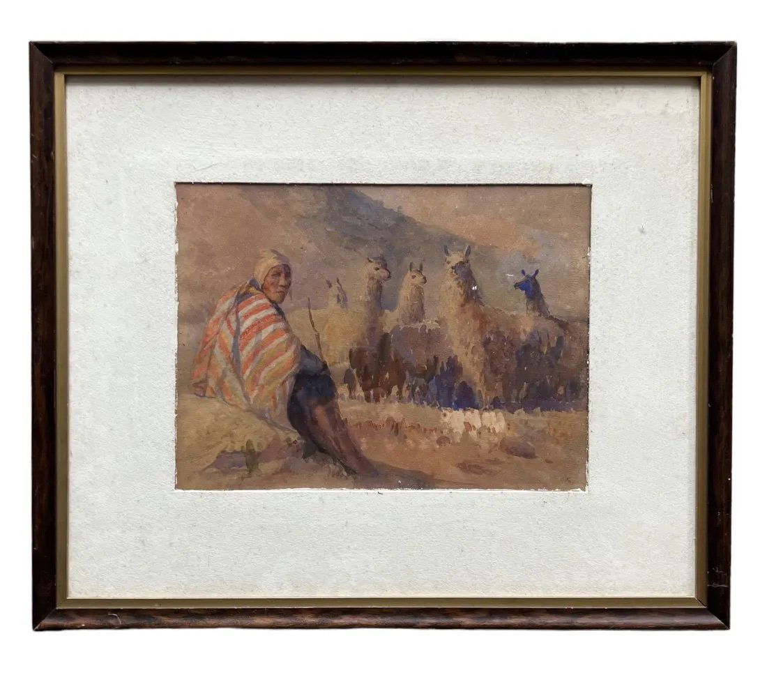 South American Impressionist Llama Hearder Scene, Signed (1 of 3)