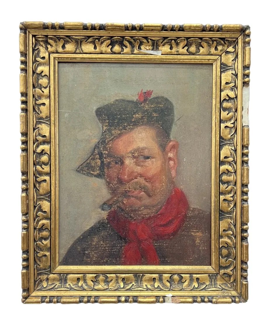 Ashcan School Portrait Of A Man Smoking A Cigar: Oil on canvas 12 x 9 1/2 in, 15 x 12 1/2 in (framed). Framed in a nice quality period frame.