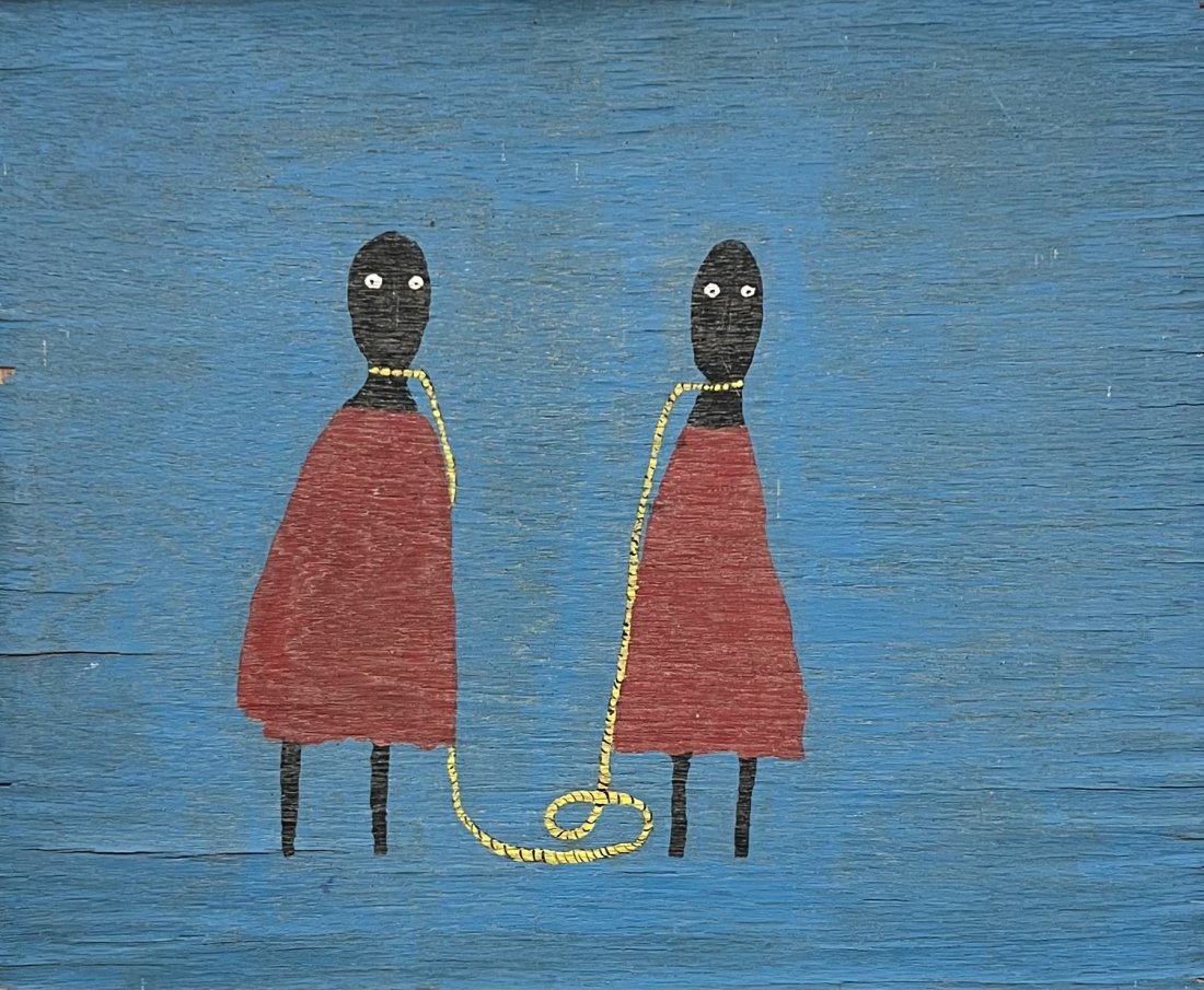 Primitive Folk Art Caribbean Slavery Painting: Was mounted to the inside of a ship. Unknown origin. Oil on wood 25 x 20.5 in