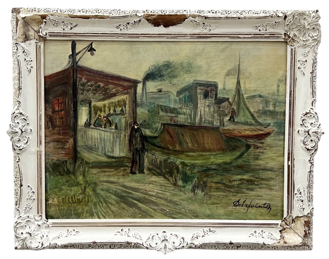 FELIPE DE LA FUENTE (1912-2000, Agentina) Cantina En La Costa: Oil on board 31.5 x 23.5 in, 39.5 x 31.5 in (framed). An artist born in Buenos Aires of self-taught training, he participated in the National Salon of Plastic Arts, and held more than 200 exhibitions 