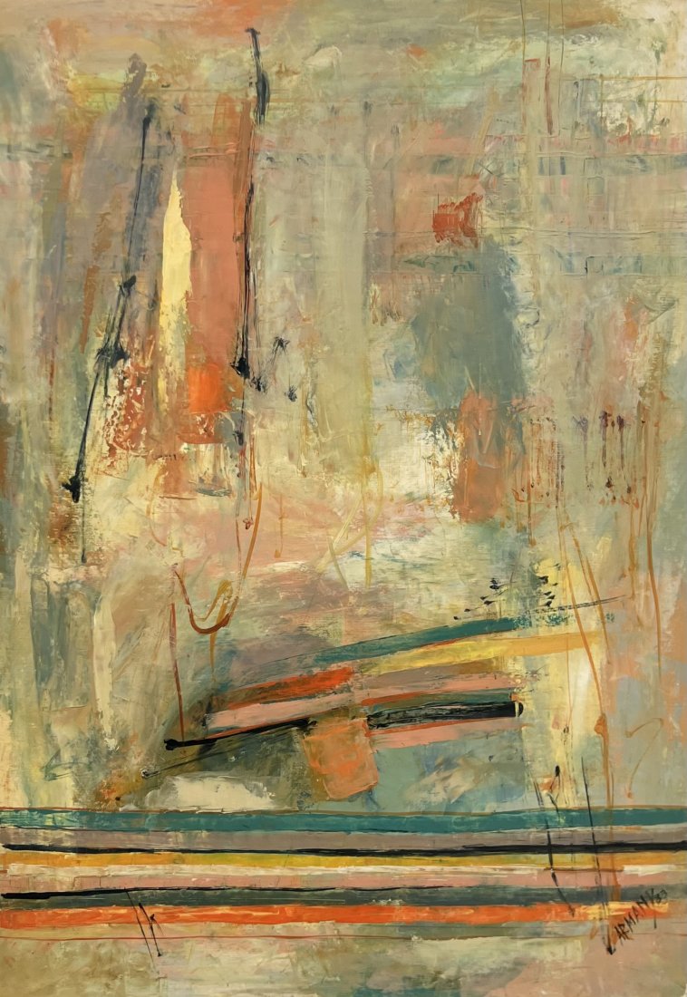 Vintage Abstract Painting Signed & Dated 1983: Oil on board 32 x 23 in