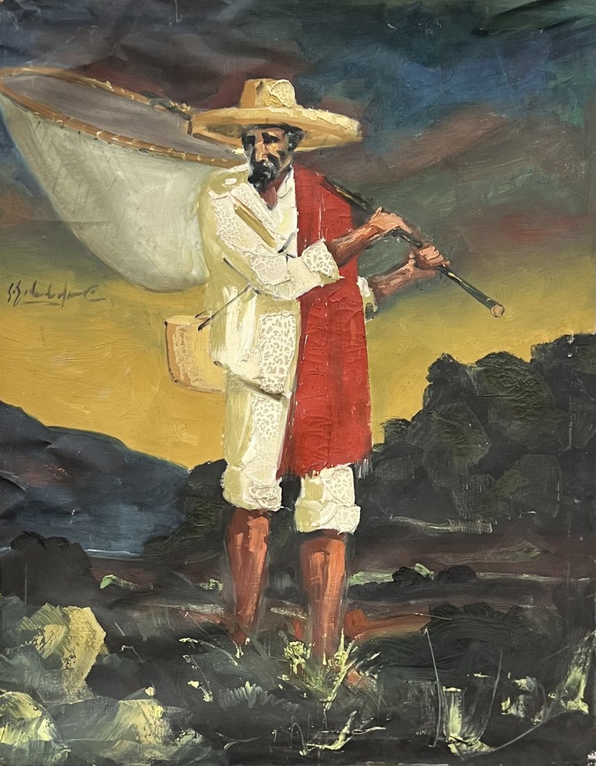 Spanish Impressionist Painting Of A Fisherman, Illegible Signature: Oil on canvas 37.5 x 29.5 in