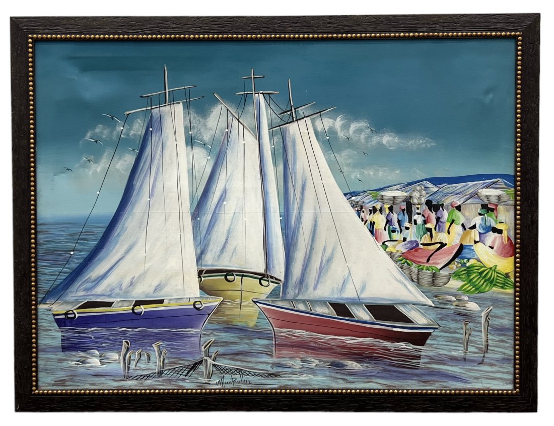 Haitian Harbor Scene Signed By Unknown Artist: Oil on canvas 40 x 30 in, 43 x 33 in