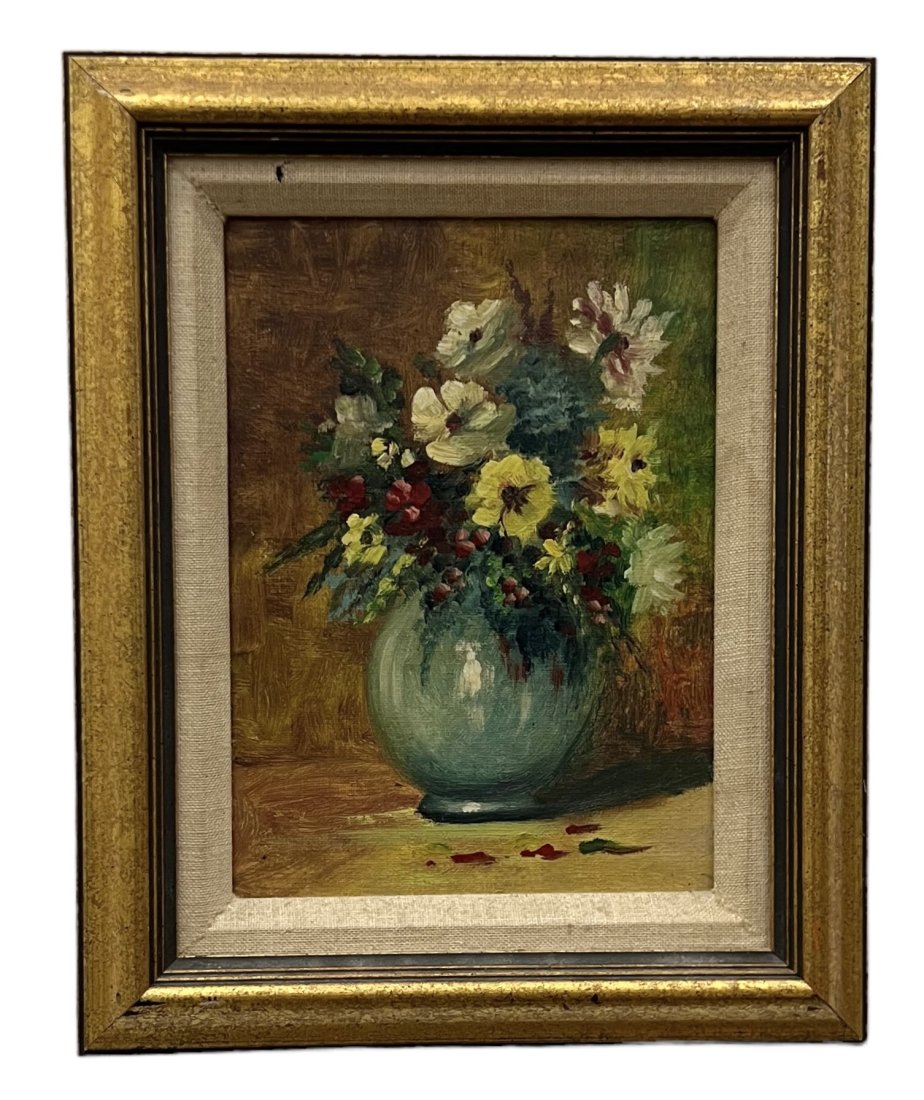 Vintage Impressionist Floral Still Life Painting: Oil on canvas 11 x 8 in, 13 x 10 in