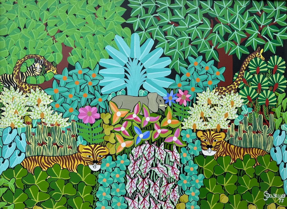 1970's Naive Haitian Jungle Painting, Signed: Oil on canvas 30 x 40 in