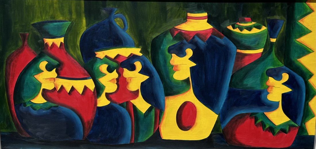 Latin American Cubist Abstract Signed Guerrero: Oil on board 45 x 23 in