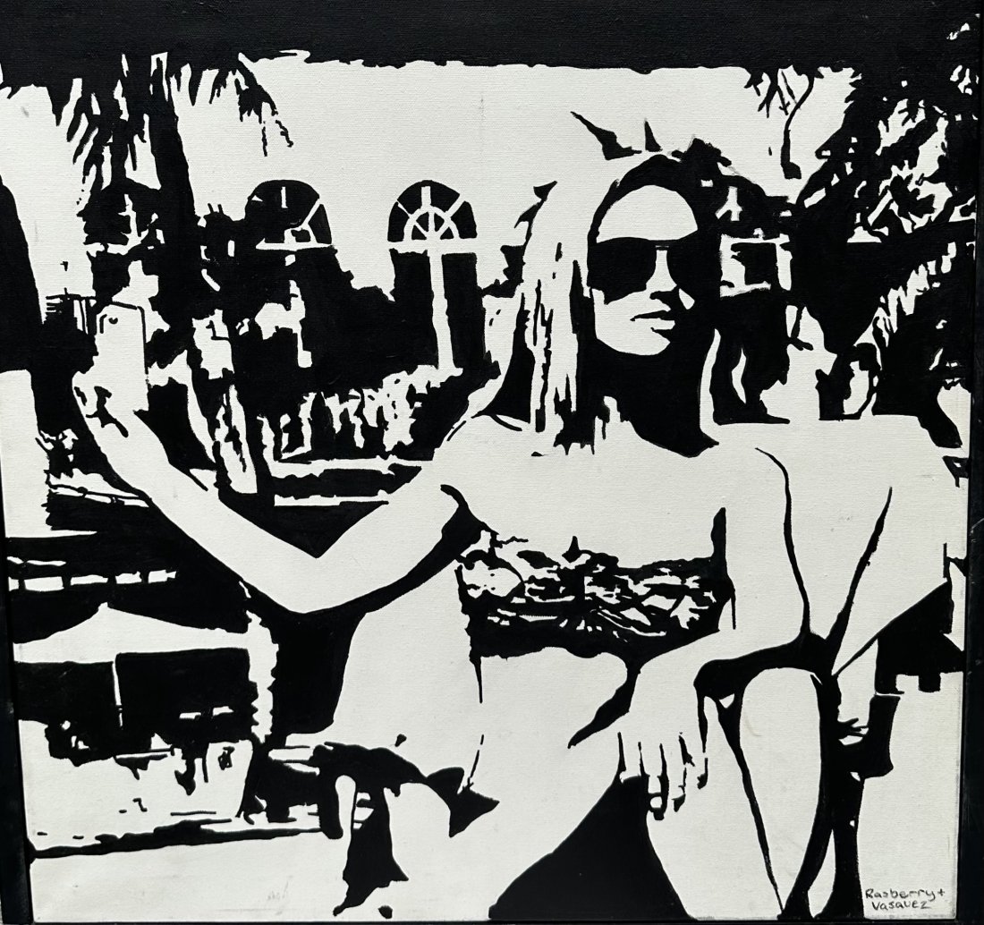 Black & White Pop Art Painting Girl By Pool, Signed: Oil on canvas 23 x 24 in