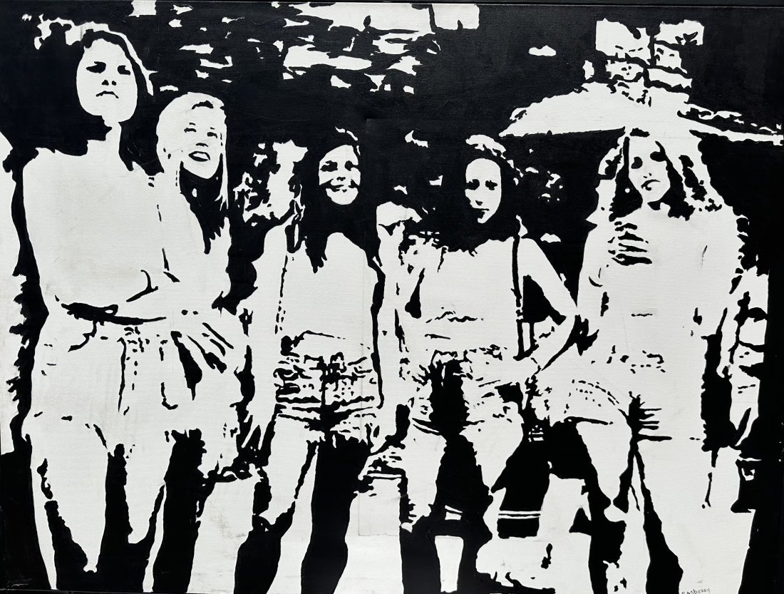 Black & White Pop Art Painting Of A Group Of Girls, Signed: Oil on canvas 48 x 36 in