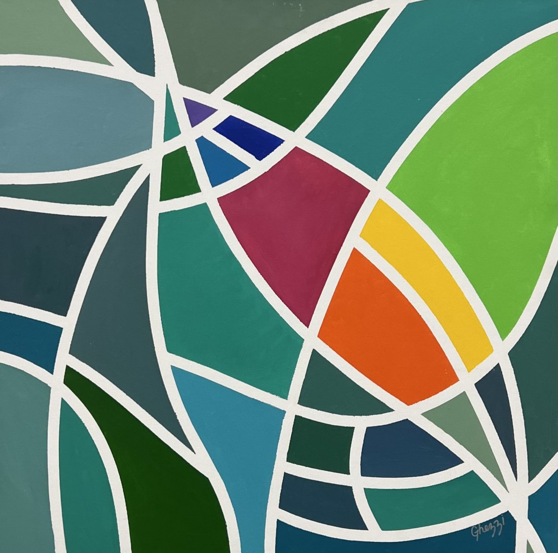 Vintage Colorful Hard Edge Abstract Paintingm Signed: Acrylic on canvas 36 x 36 in