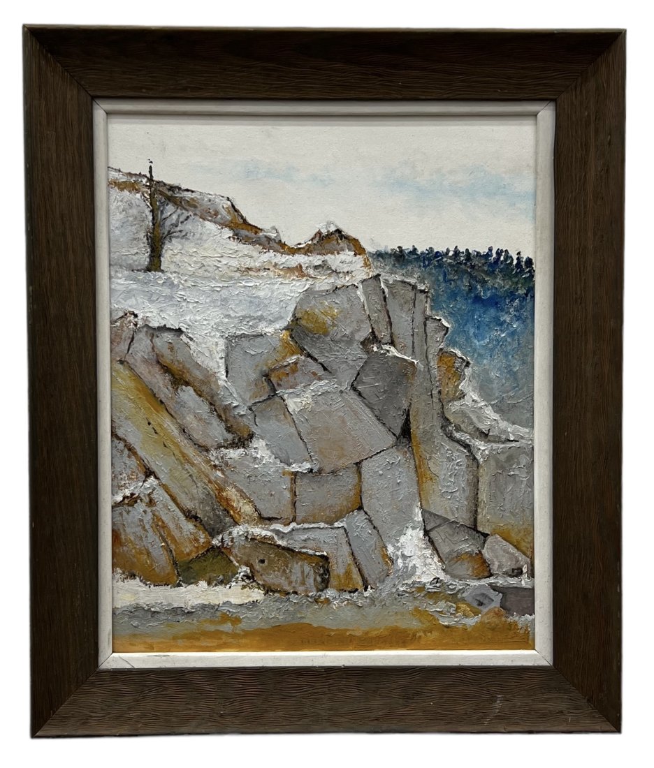 Modernist Winter Rocky Landscape, Unsigned: Oil on canvas 20 x 16 in, 25 x 21 in (framed)