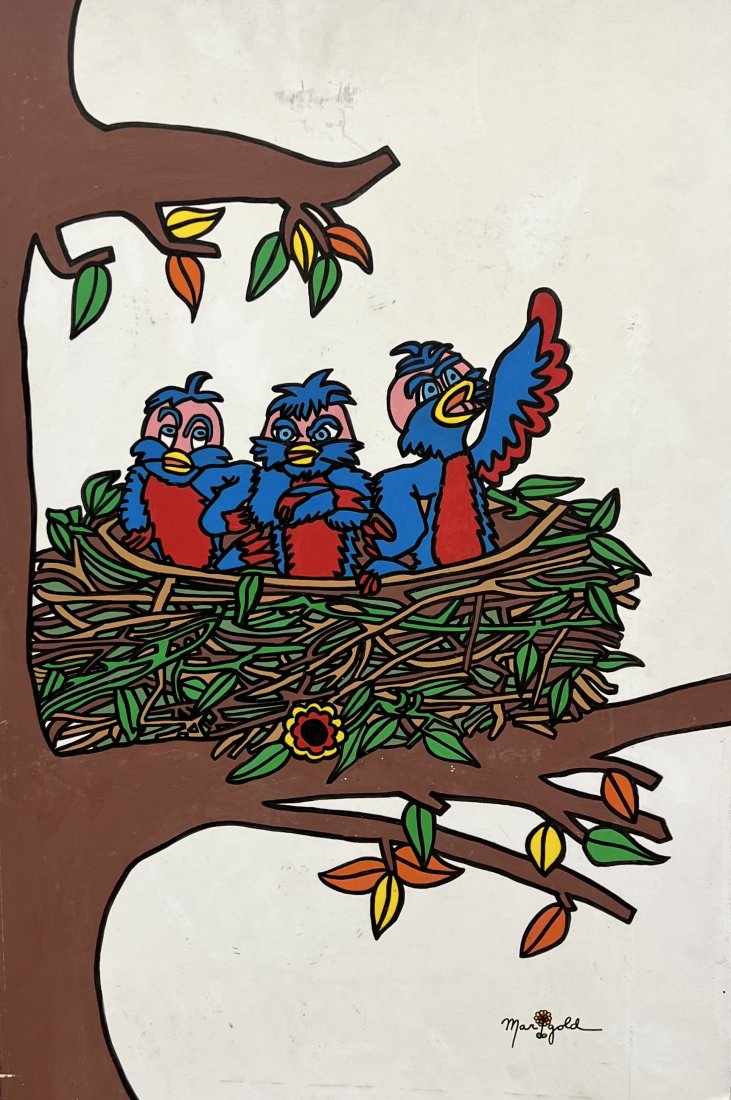 Vintage Children's Illustration Of Birds In A Nest Signed Marigold: Oil on board 30 x 20 in