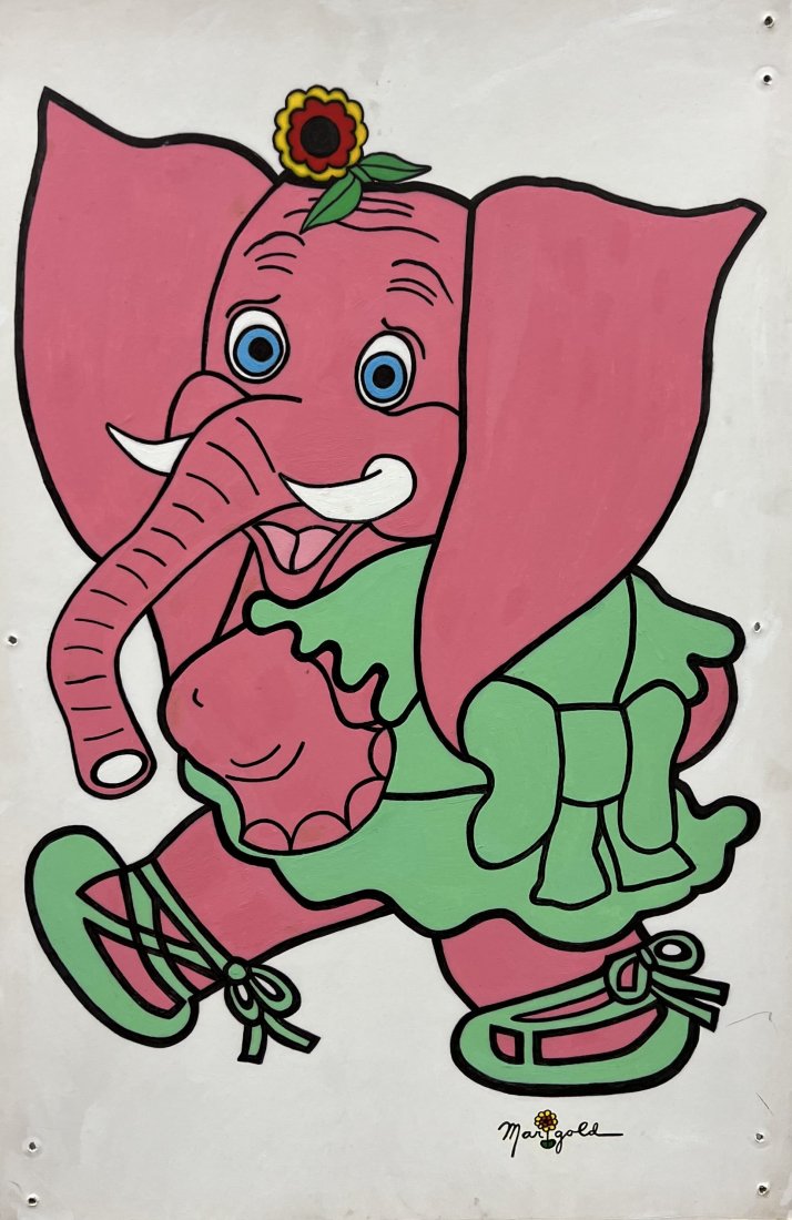 Vintage Children's Illustration Of An Elephant Signed Marigold: Tempura on board 30 x 20 in