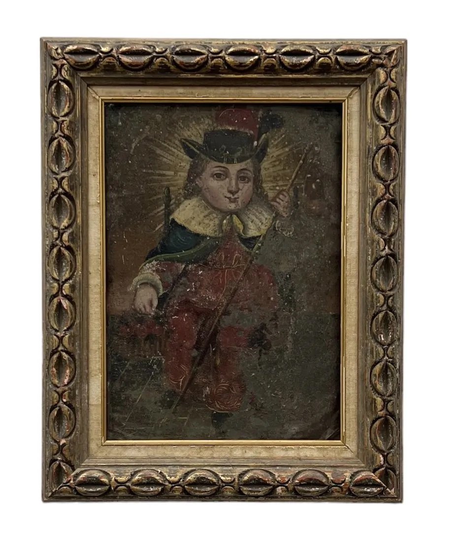 Antique Mexican Retablo Painting: 14.5 x 10.5 in, 19 x 15 in (framed)