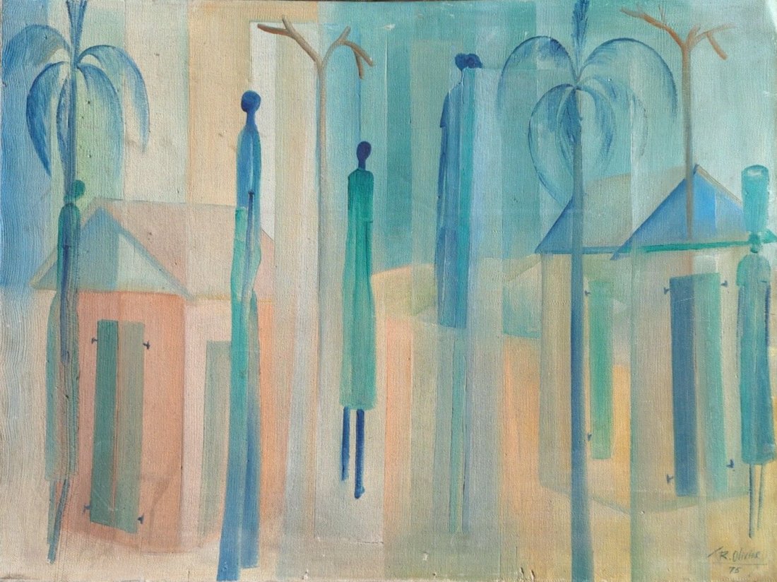 RAYMOND OLIVER (b. 1943, Haitian) Cubist Village: Acrylic on canvas 32 x 42 in