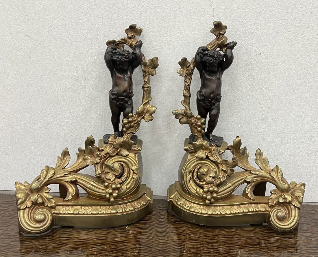 Antique French Bronzed Cherub Andirons: 15 x 11 x 6 in