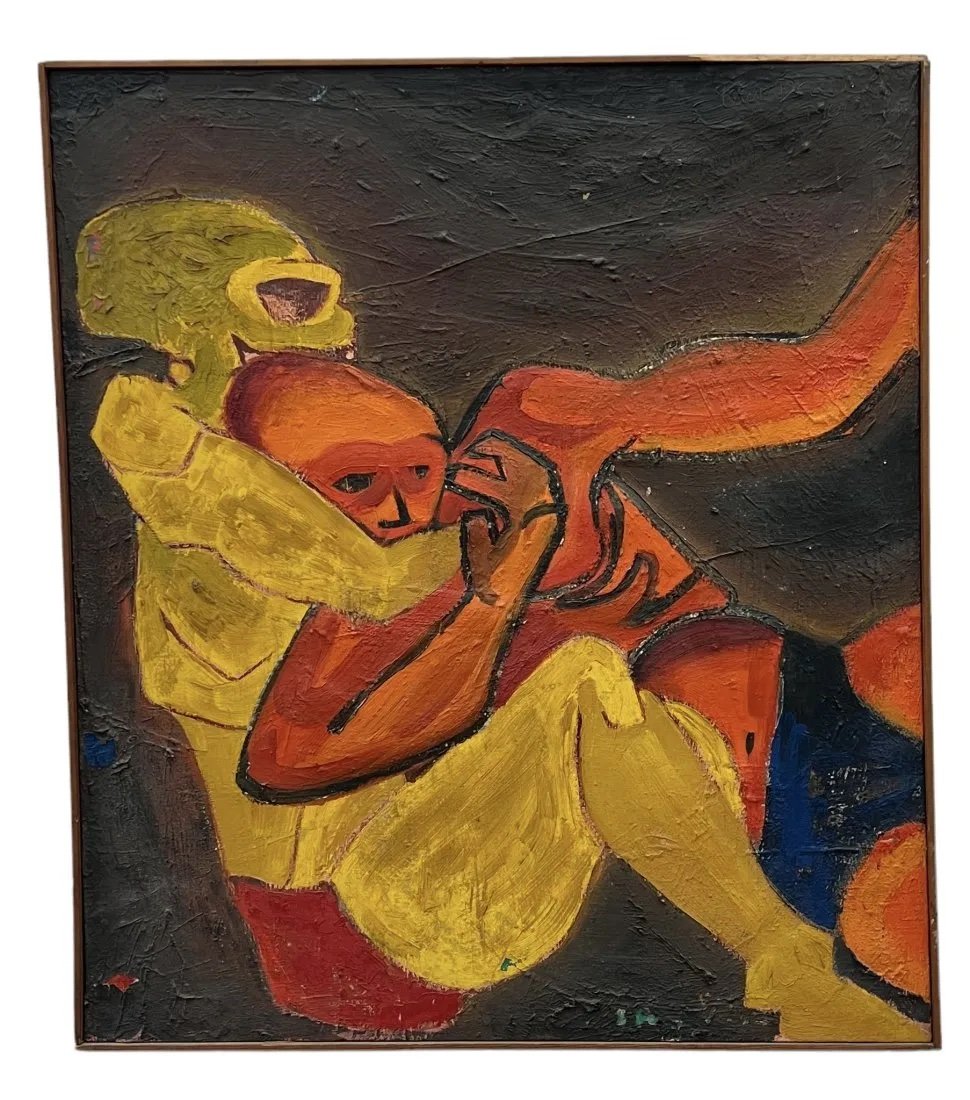 1960's Modernist Scene Of Super Heroes, Signed: Oil on canvas 35.5 x 31 in