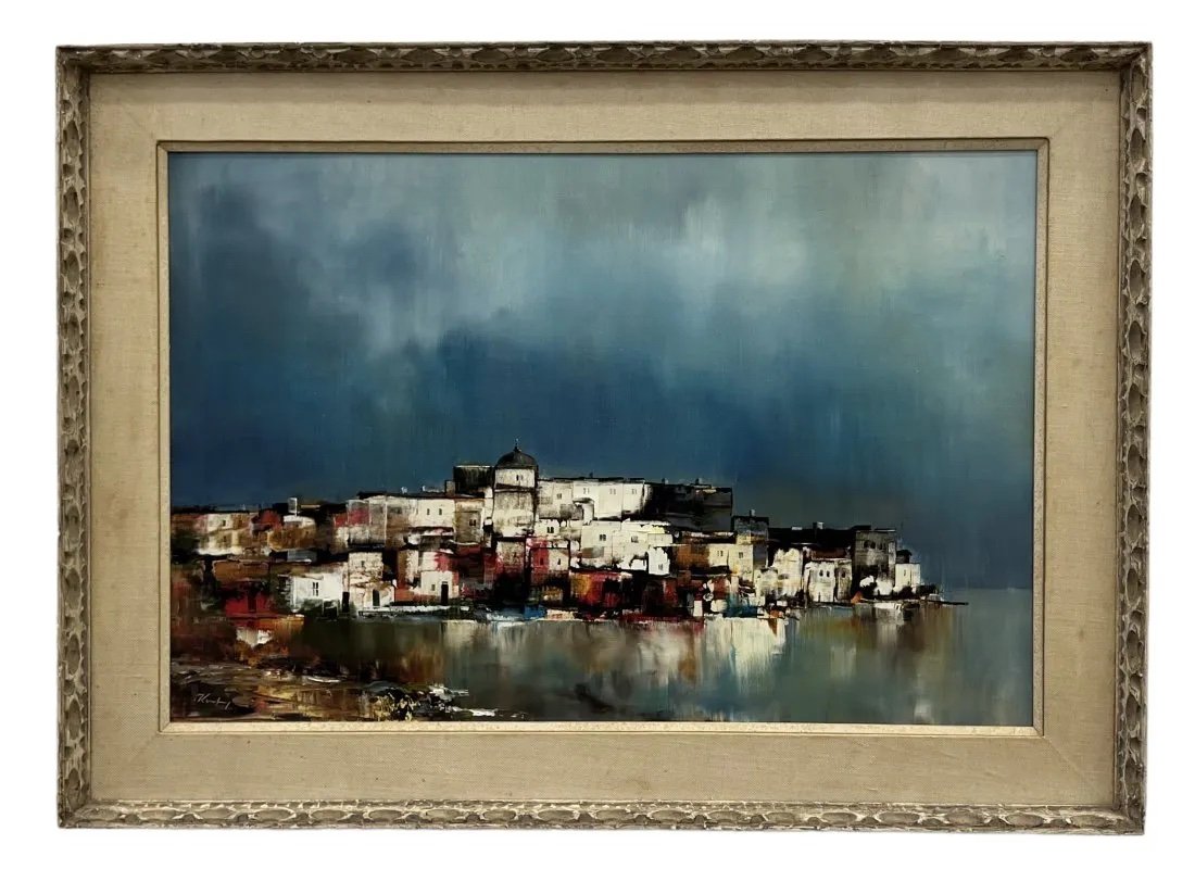 European School Modernist Harbor Scene, Illegible Signature: Oil on canvas 36 x 24 in, 43.5 x 31.5 in (framed)
