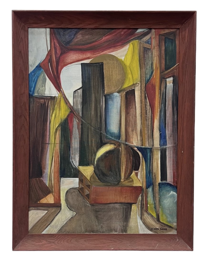 Celeste Borah Mid-Century Modern Cubist Interior Still Life Florida Artist: Oil on canvas 30 x 22 in, 33.5 x 25.5 in (framed)