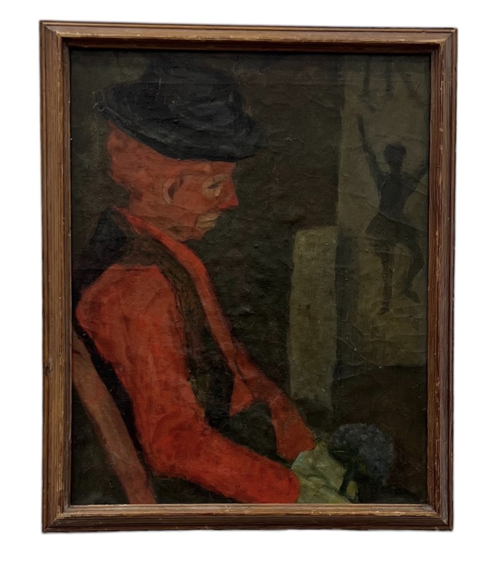 WPA Era Dark Modernism Sad Clown With Dancer, Unsigned: Oil on canvas 20 x 16 in, 22.5 x 18.5 in (framed)