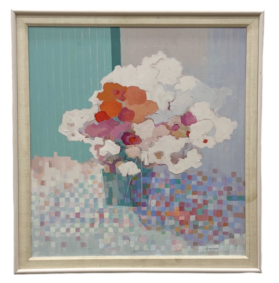 Post Modernist Floral Still Life Painting, Signed: Acrylic on canvas 36 x 34 in, 41 x 39 in (framed)