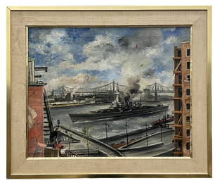 GEORGE ALEXANDER PICKEN (1898-1971, New York) Navy Destroyer Harbor 1941 WWII