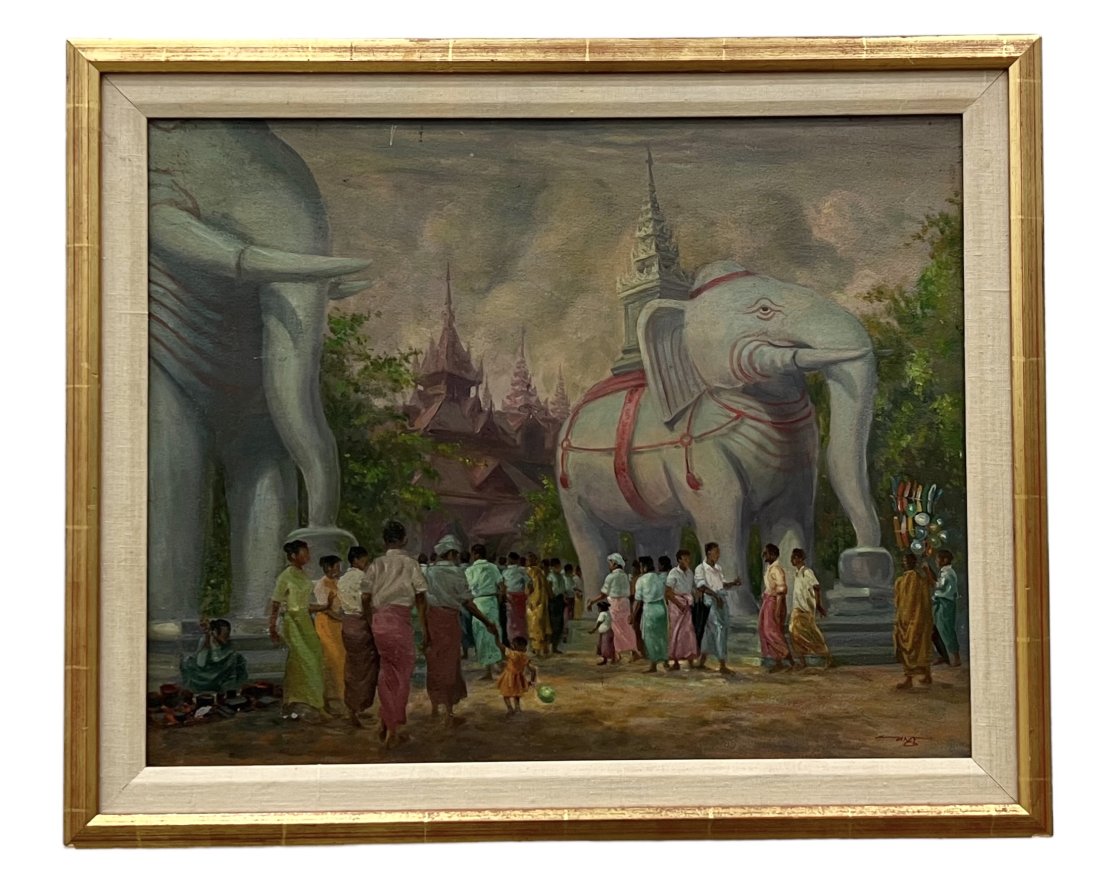 Burmese "Pagoda Festival" Painting, Signed: Oil on canvas 20 x 16 in, 23 x 19 in (framed)