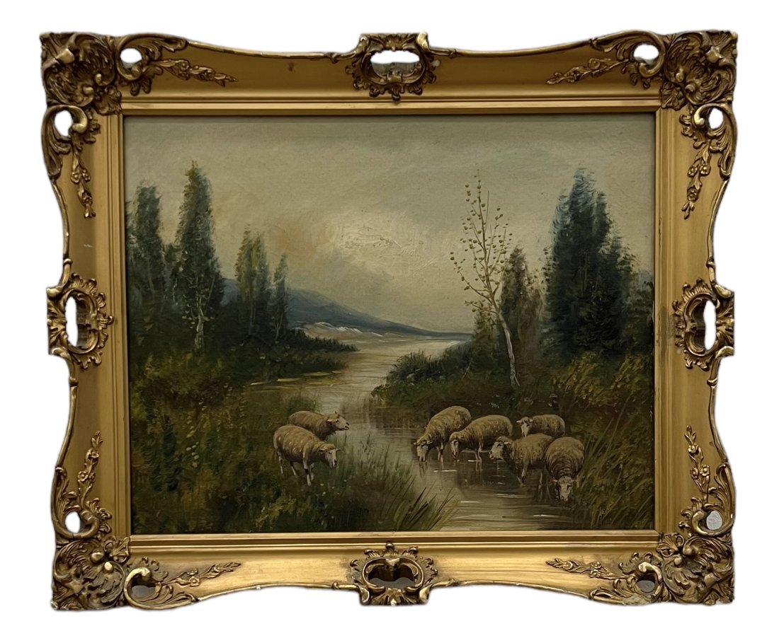 Antique Hudson River School Painting w/ Sheep, Unsigned: Oil on canvas 20 x 16 in, 24.5 x 20.5 in (framed)