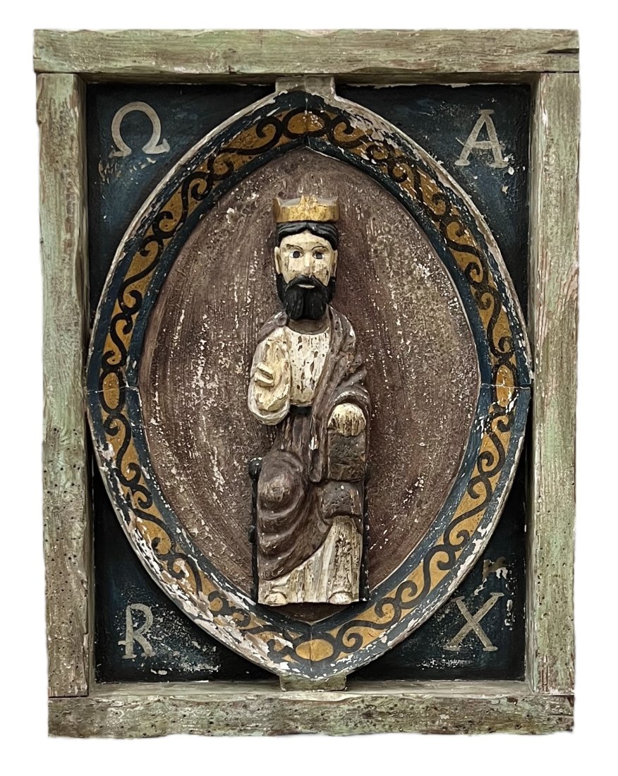 Spanish Colonial Wood Relief Wall Santos Sculpture: 31.5 x 24 x 3 in