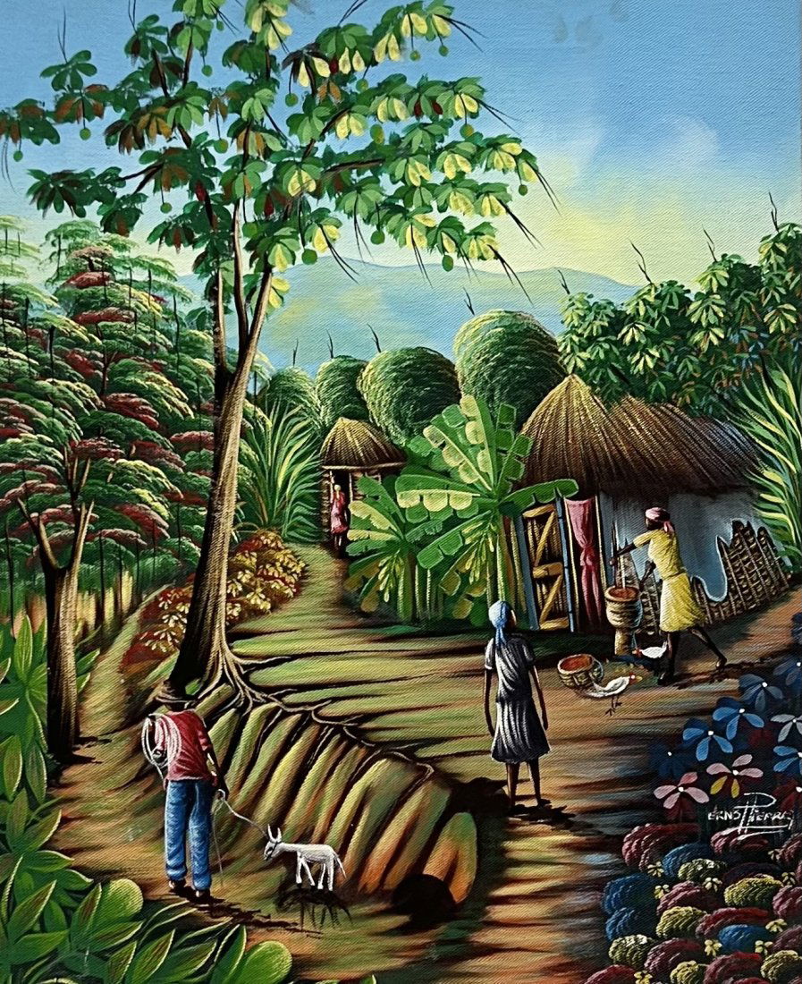 ERNST PIERRE (20th c, Haiti) Village Scene (1 of 3)
