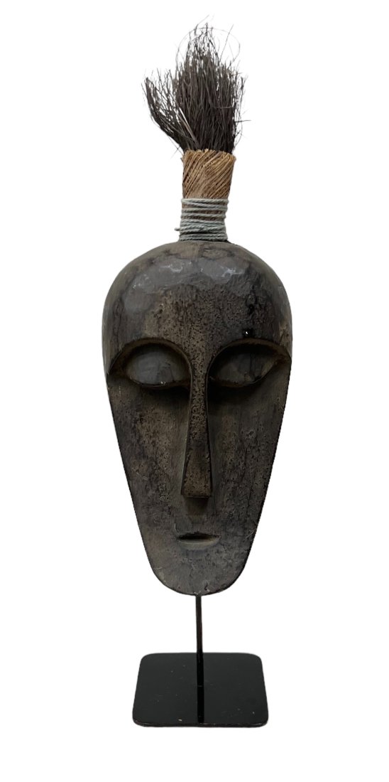 Vintage Carved Wooden African Mask Sculpture On Stand: 14 x 5 x 4 in