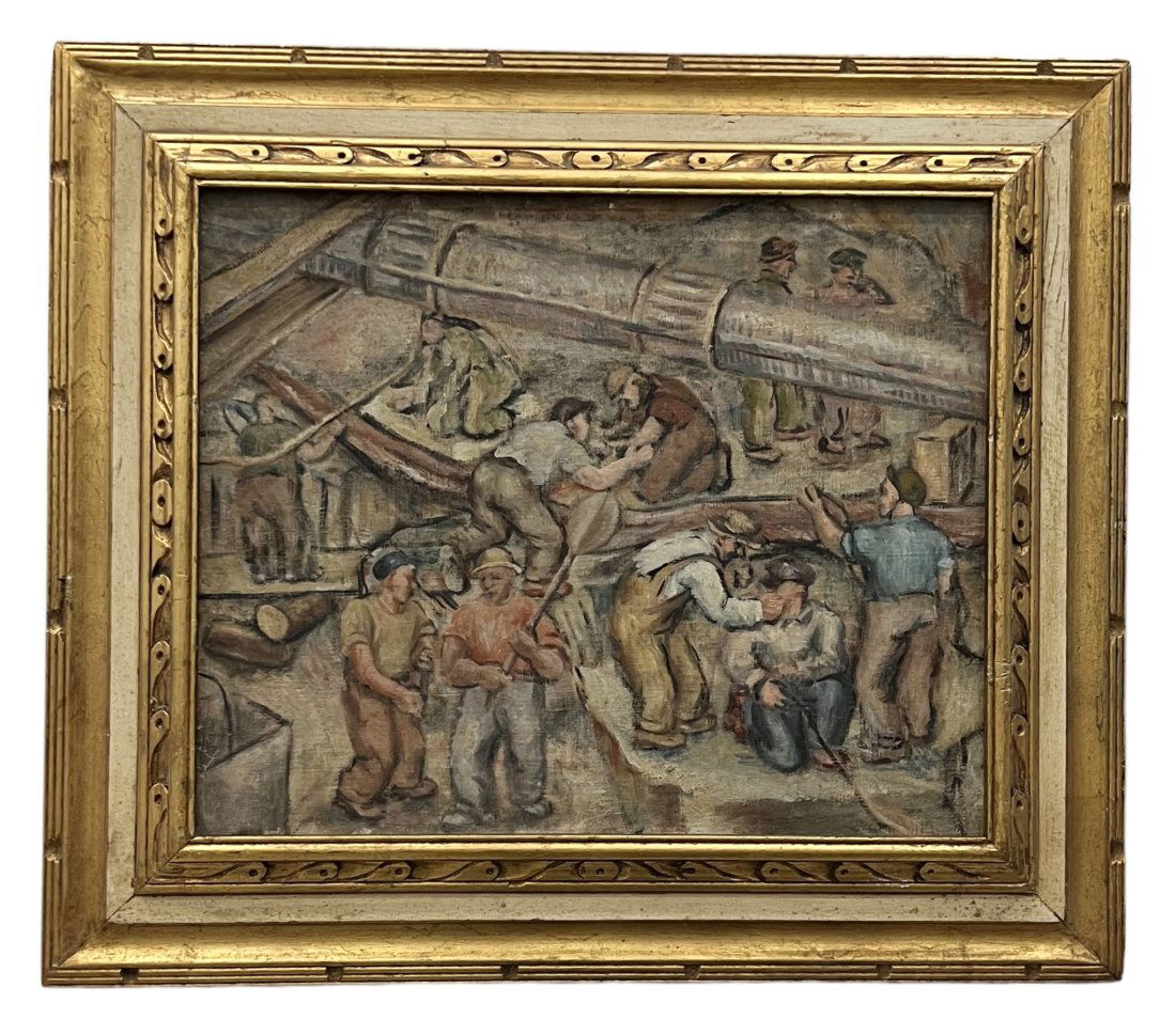 1930's American Modernist WPA Industrial Steel Workers Painting Unsigned (1 of 2)