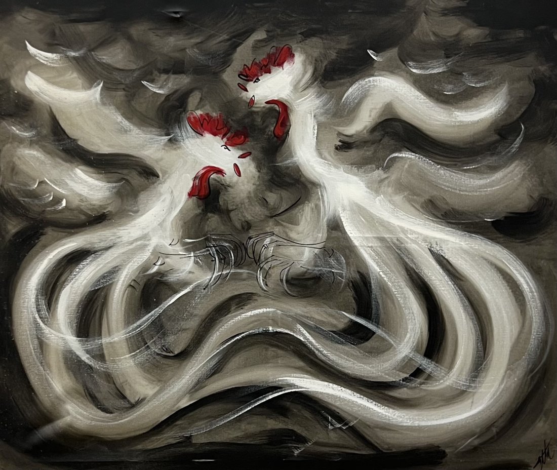 Large Latin American Abstract Of Roosters Signed Matta: Oil on canvas 50 x 42 in