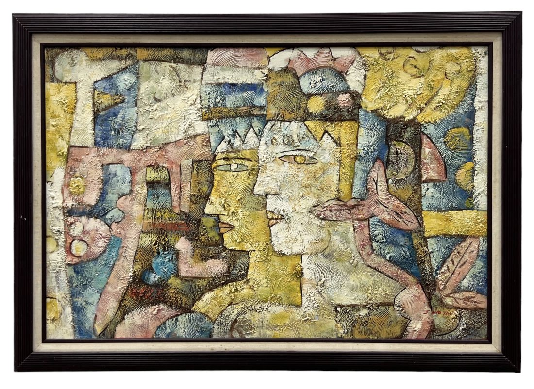 Mexican Mayan Cubist Abstract Painting: Oil on canvas 36 x 24 in, 41 x 29 in