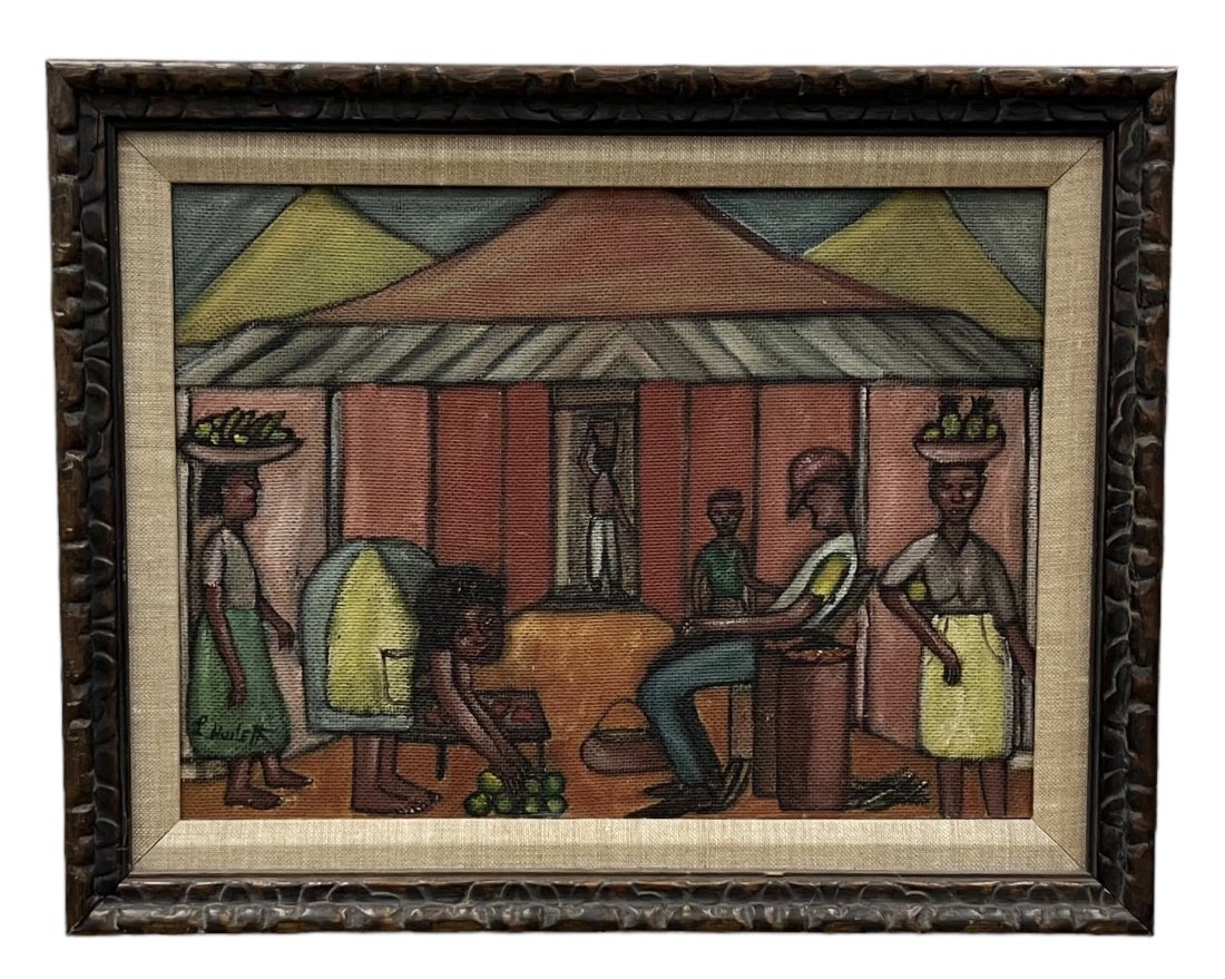 Vintage Early Modernist Haitian Street Scene Painting, Signed: Oil on masonite 16 x 12 in, 19 x 15 in (framed)