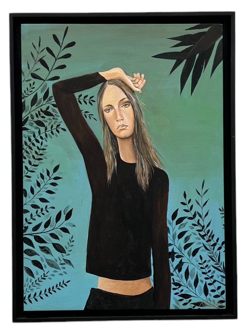 NOBUKO TERADA (20th c, Japanese) "People I Can't Resist #5": Oil on wood 20 1/4 x 14 1/4 in, 22 x 16 in (framed)