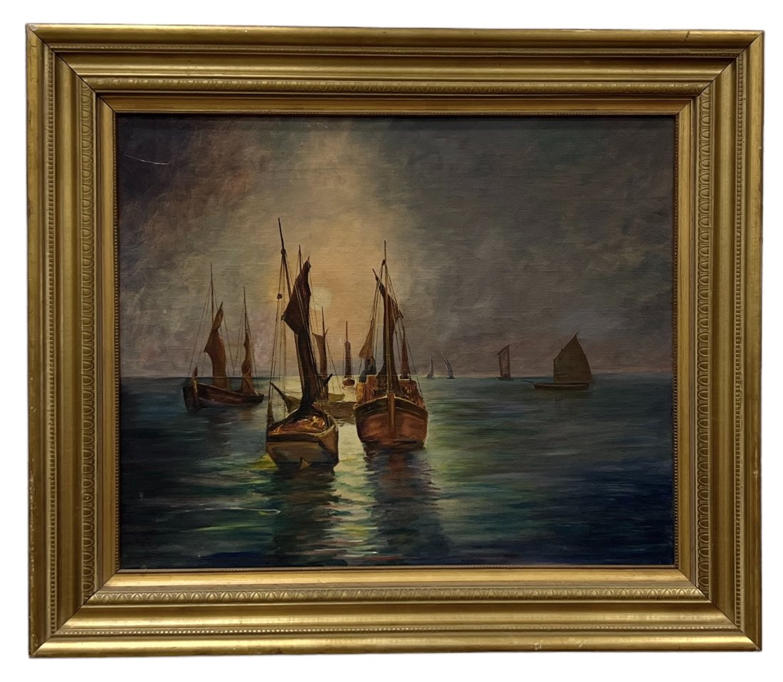 Tonalist Nautical Seascape Painting Illegible Signature: Oil on canvas 22 x 18 in, 28 x 24 in (framed)
