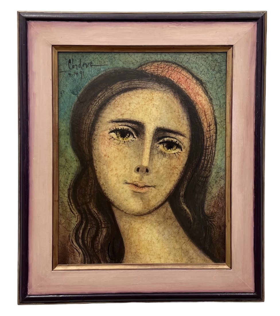 Latin American Modernist Portrait Signed Cordova: Oil on wood 24 x 19 in, 32 x 27.5 in (framed)