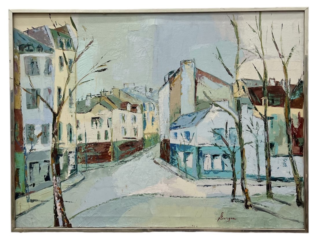 Vintage French Modernist Street Scene, Signed: Oil on canvas 40 x 30 in