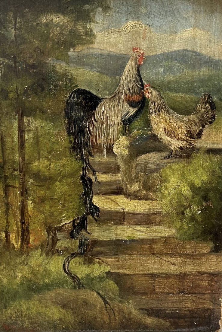 American Impressionist Painting Of A Rooster & Hen, Signed (1 of 4)