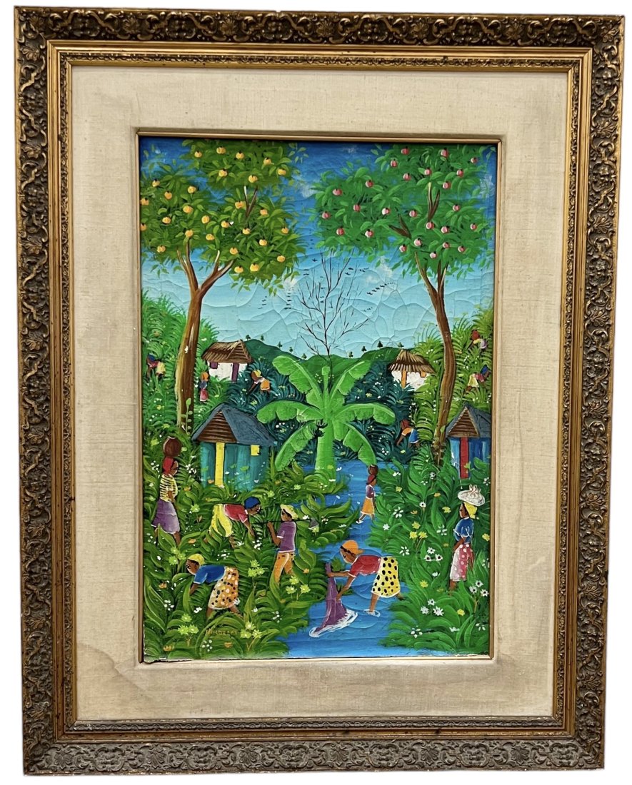 MACENAT MICHELET (20th c, Haiti) Village Scene: Oil on canvas 24 x 16 in, 33 x 26 in (framed)