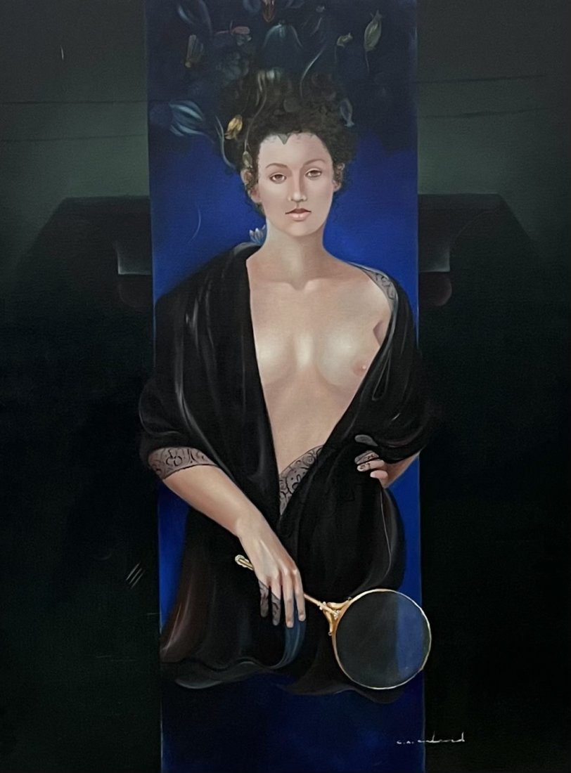 Modernist Nude Portrait Of A Woman, Illegible Signature: Oil on canvas 48 x 36 in
