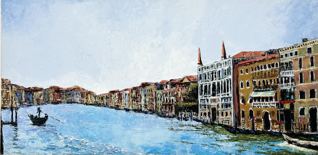 Vintage Canal Scene Venice Italy, Unsigned: Oil on canvas 48 x 24 in,