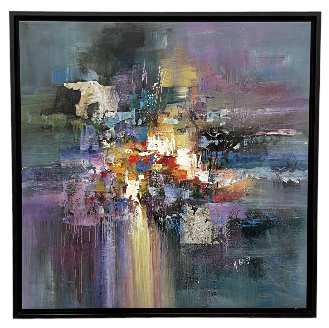 Vintage 1990's Abstract Expressionist Painting, Signed: Oil on canvas 38 x 38 in, 40.5 x 40.5 in (framed)